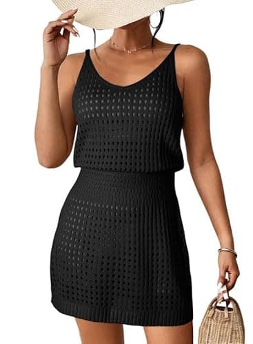 Dokotoo Swimsuit Women Cover Up 2025 Summer Casual Scoop Neck Sleeveless Crochet Hollow Out Womens Spaghetti Straps Knit Dress Beach Sweater Clothes Swimwear Hawaiian Dresses Black X-Large - Image 1
