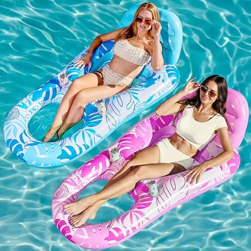 SLOOSH 2 Packs Inflatable Pool Floats Lounger Adult, Pool Float Lounge Raft Floaties Water Floating Recliner Chair with Cup Holders Foot Rest Swimming Floaty (Blue, Pink) - Image 1