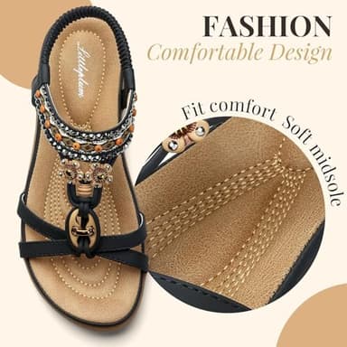 Littleplum Womens Sandals Arch Support Bohemian T-Strap Flower Rhinestone Sandals Women's Non Slip Summer Beach Flat Sandals Black Size 8.5 - Image 4