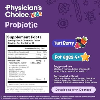 Physician's CHOICE Probiotics for Kids - 7 Diverse Strains, Organic Prebiotics, Vitamins & Minerals - Clinically Studied L. Rhamnosus - Immune & Digestive Support - No Sugar or Artificial Dyes - 60ct - Image 6