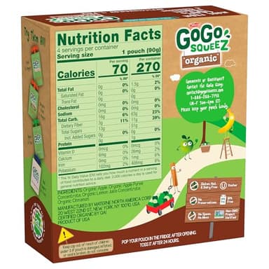 GoGo squeeZ Organic Applesauce and Fruit Puree, Apple Cinnamon, 3.2 oz (Pack of 48), Unsweetened Organic Fruit Snacks for Kids, Gluten Free, Nut Free and Dairy Free, Recloseable Cap, BPA Free Pouches - Image 4