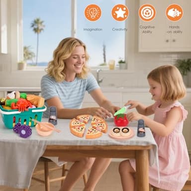 150Pcs Kitchen Playset, Toddlers Pretend Cooking Cookware Accessories, Food, Picnic Blanket, Fruits, Veges, 2Pack Shopping Storage Basket, Dessert and Prop Money, Gift for Kids (Pink) - Image 8