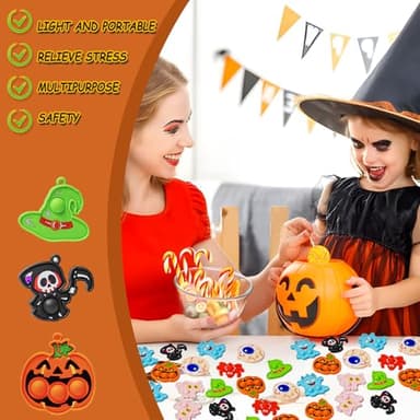 72Pcs Halloween Party Favors, Fidget Toys Bulk Mini Pop Bubbles with Keychain, School Classroom Prizes Box Fidgets Toys for Kids Toddlers Adult, Goodie Bag Stuffers, Treasure Chest box, Halloween Toys - Image 3