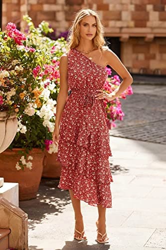 PRETTYGARDEN Women's Summer Floral Sundress Casual One Shoulder Tiered Ruffle Flowy Midi Beach Boho Dresses (Floral Brick Red White,Medium) - Image 6