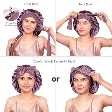YFONG 100% 22 Momme Mulberry Silk Bonnet for Sleeping Women, Larger Double Layer Silk Hair Wrap for Curly Short Long Hair, Non-Slip Sleep Cap Turban with Elastic Tie Band for Hair Care, Purple - Image 6