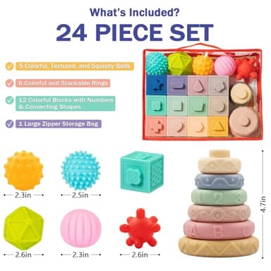 Jyusmile Baby Toys 6-12 Months, Montessori Toy for Babies 6-12 Months, Incl Stacking Building Blocks & Soft Infant Teething Toys & Sensory Balls for Toddlers 0-3-6-9-12 Month - Image 3