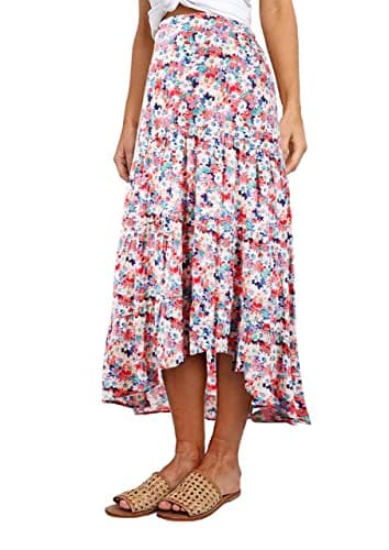 PRETTYGARDEN Ditzy Floral Skirt Midi Boho Elastic High Waist Skirt A-line Long Vintage Skirts for Women Pleated Skirt (Blue Red,X-Large) - Image 1