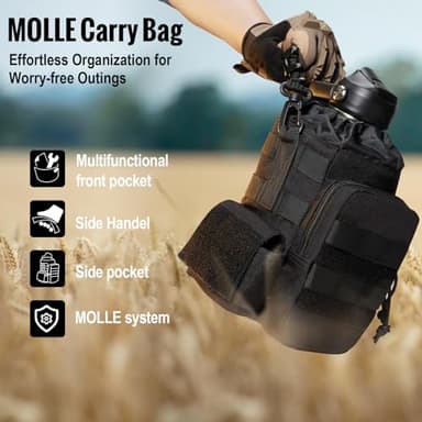 ONETIGRIS Tactical Half Gallon Water Bottle with Straw - 64 oz Vacuum Insulated Stainless Steel Water Jug, Leakproof Sport Bottle with 3 BPA Free Lids, Paracord Handle & MOLLE Water Pouch for Outdoor - Image 4