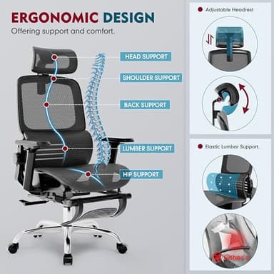 MOLENTS Ergonomic Office Chair, High Back Desk Chairs with Retractable Footrest, Breathable Mesh, Adjustable Headrest, 3D Armrests, Lumbar Support, Tilt Function, Comfy Swivel Computer Gaming Chair - Image 4