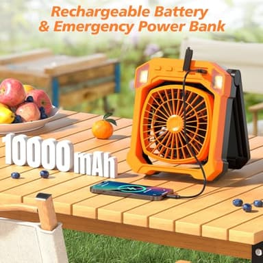 Camping Fan Battery Powered & Solar Powered, Portable Solar Fan 10000mAh Rechargeable Outdoor Fans with Light, Quiet Cordless Fans for Tent, RV, Emergency, Hiking, Power Outage, Desk, Survival Kit - Image 6