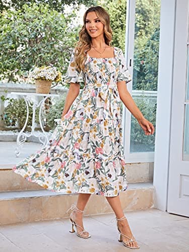 Amegoya Women's Boho Summer Floral Midi Dress Flowy Tiered Flutter Sleeve Square Neck Smocked Maternity Dress (Flower M) - Image 3