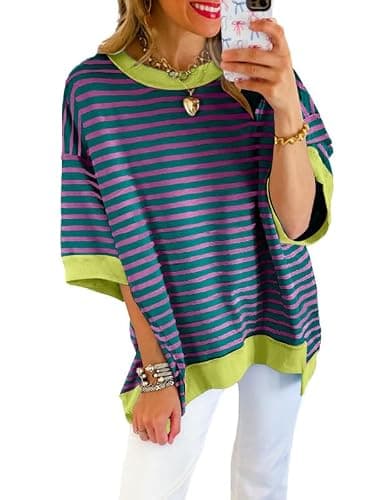 SHEWIN Spring Tops for Women Trendy Short Sleeve Shirts Crewneck Sweatshirt Loose Ladies Top and Blouses Dressy Casual Womens Summer Tshirts Purple Stripe XXL - Image 1