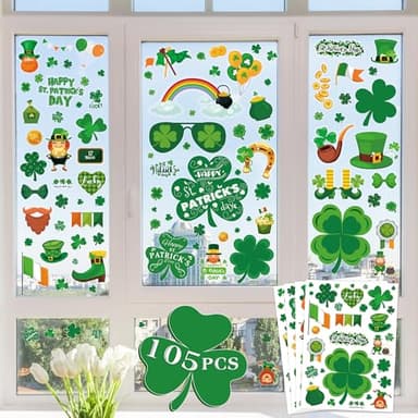 MDDRUIQI St Patricks Day Decorations - 105 PCS St Patricks Day Window Clings - Shamrock Stickers for Glass Reusable Static Spring Shamrock Decorations | St Patricks Day Decor - Image 1