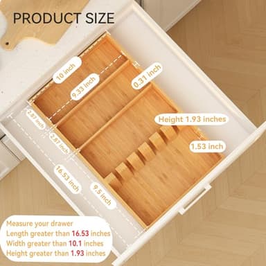 Yofidra Pure Bamboo Silverware Drawer Organizer: 16.53" Lx10 Wx1.93 H Large Silverware Utensil Tray Holder, 3-Compartment with 6 Card Slots Kitchen Flatware Organizer for Spoons Forks Knives - Image 7