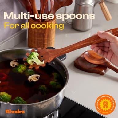 Riveira Dark Teak Kitchen Utensils Set - 12-Piece Non-Toxic Cooking Utensils Set - Wooden Spoons for Cooking - Spatula for Cooking - Teak Wooden Utensils - Image 4