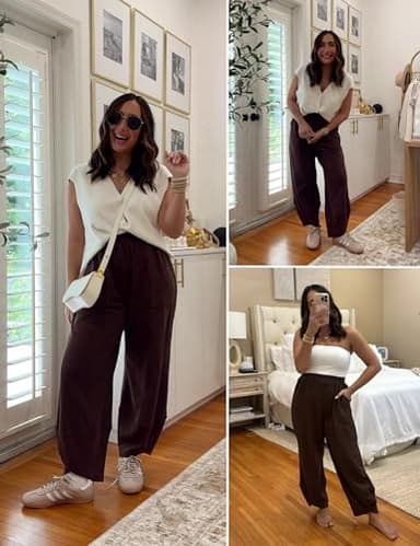 Xiaoxuemeng Womens Baggy Wide Leg Pants Casual Elastic Waisted Palazzo Harem Pants with Pockets(Coffee-S) - Image 4