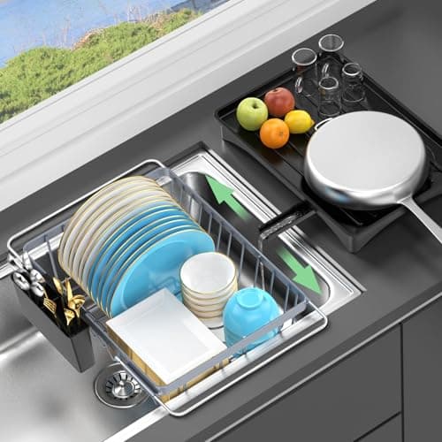 LEMIKKLE Sink Dish Drying Rack - Expandable Small Dish Rack Over Sinks with Drying Tray, Dish Drainer for Kitchen Counter with Cutlery Holder, Drying Rack Fit for 14’’-19’’ Kitchen Sink - Image 1