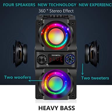 Bluetooth Speaker, 40W (60W Peak) Portable Wireless Speaker with Colorful Lights, Double Subwoofer Heavy Bass, FM Radio, MP3 Player, Bluetooth 5.0, Loud Stereo speakers for Home Outdoor Party Camping - Image 2