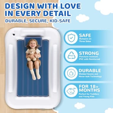 Deeteck Inflatable Toddler Travel Bed - 60 Inches Portable Toddler Bed for Travel with Safety Sides - Cozy Kids Air Mattress Set with High-Speed Pump & Carry Case - Lightweight & Easy to Inflate -Blue - Image 2