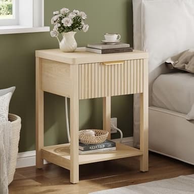Lulive Night Stand Set 2, Fluted Nightstand with Charging Station, Wood Modern Bedside End Table with Storage Drawer for Bedroom, Save Space (Set of 2, Natural Oak) - Image 2