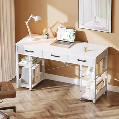 Casaottima Small Office Desk with Fabric Drawers, Computer Desk with Storage Shelves, Modern Writing Table, 48" Home Desk, Pure White - Image 2