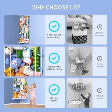 Stuffed Animal Storage Toy Organizer(Patented) - Corner Stuffed Animal Holder Length Adjustable - Wall Hanging Stuffed Animal Net Plush Storage for Nursery Playroom Bedroom Kids Room Decor(White) - Image 3