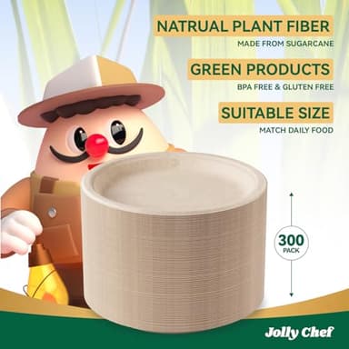 JOLLY CHEF Compostable Heavy Duty Plates 𝟭𝟬 𝗜𝗻𝗰𝗵 [𝟯𝟬𝟬 𝗣𝗮𝗰𝗸] Eco-Friendly Disposable Paper Plates Made of Bagasse Biodegradable Bulk for Party Dinner Sugarcane Fibers Round (Natural) - Image 4