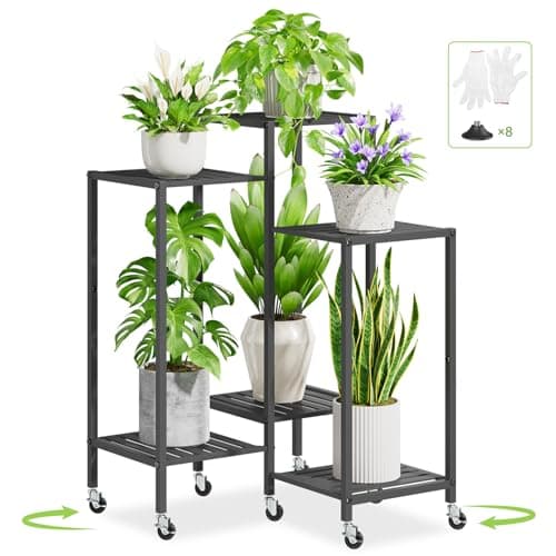 iDavosic.ly 6 Tier Plant Stand Indoor with Wheels, Metal Tiered Corner Flower Holder Shelf Outdoor for Large Pots, Tall Rolling Rack for Patio Porch Garden Balcony Living Room, Modern Black - Image 1