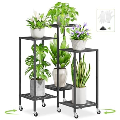 iDavosic.ly 6 Tier Plant Stand Indoor with Wheels, Metal Tiered Corner Flower Holder Shelf Outdoor for Large Pots, Tall Rolling Rack for Patio Porch Garden Balcony Living Room, Modern Black - Image 1
