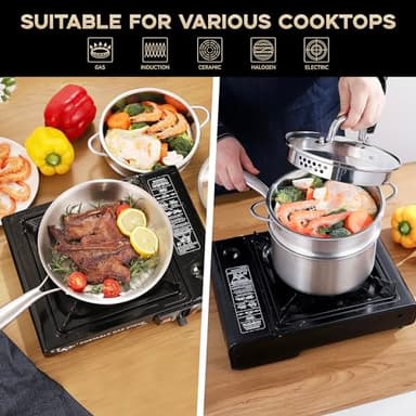 Leetaltree 3-Ply Stainless Steel Saucepan Set - 2.5 Quart Saucepan with Steamer Basket & 7" Shallow Saucepan, Multipurpose Cookware with Dual-Size Drainage Holes Lid, Induction & Oven Safe - Image 4