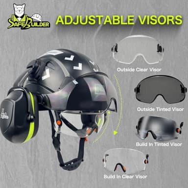 SAFEBUILDER Safety Hard Hats with Visor Hearing Protection 4 in 1 Safety Helmet Lightweight Adjustable Breathable 6-Point Suspension Head Protection ANSI Z89.1 Approved (Black+CSV+B&G 07 Ear Muffs) - Image 5