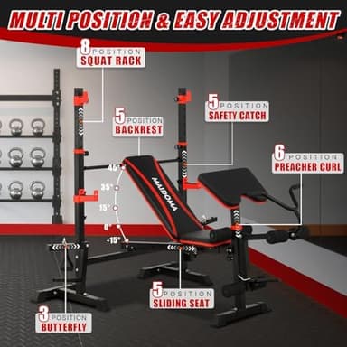 MAIDOMA 1500LBS 8 in 1 Olympic Weight Bench Set with Leg Extension/Curl and Preacher Curl, Bench Press Set and barbell Rack with Safety Bar Catches, Foldable Workout Benches for Home(US Stock - Image 4