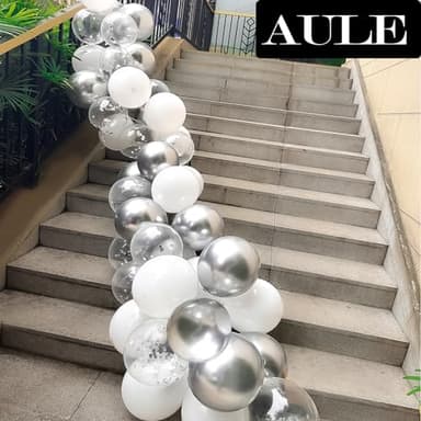 AULE Metallic Silver White Confetti Balloons 12 inches 60 Pack Premium Latex Balloons with Silver Ribbons for Birthday Decorations - Image 4