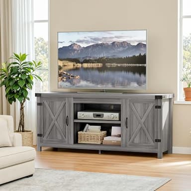 YESHOMY Modern Farmhouse TV Stand with Two Barn Doors and Storage Cabinets for Televisions up to 65+ Inch,Entertainment Center Console Table,Media Furniture for Living Room, Grey - Image 1