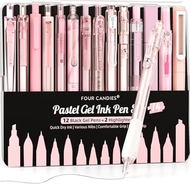 Four Candies 14Pack Pastel Gel Ink Pen Set,Cute Retractable 0.5mm Fine Point Pen,Note Taking Aesthetic Pens,12 Pack Black Ink Pens with 2Pack Highlighter, Smooth Writing Pens for School, Office (Pink) - Image 1