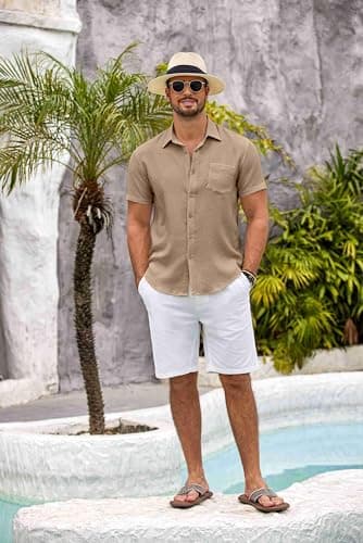 COOFANDY Mens Beach Button Up Shirt Fashion Casual Linen Resort Wear Shirts for Men Light Khaki - Image 4