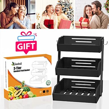 Gmtsl Bamboo Fruit Basket for Kitchen – 3 Tier Fruit Bowl For Kitchen Counter, Large Fruit Holder With 2 Banana Hangers, Idea For Fruit and Vegetable Storage, Bread Basket, Snack Organizer(BLACK) - Image 7