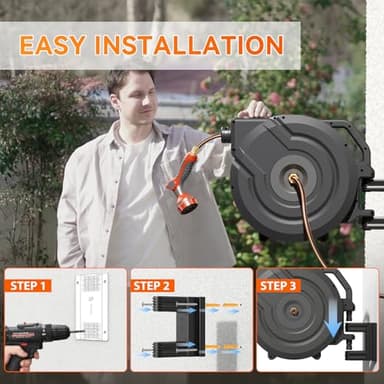 NEOTEC Retractable Garden Hose Reel 5/8 inch x 90ft - Wall Mounted Heavy Duty Hose Reel with 3/4 Inch Brass Fittings & 9-Pattern Nozzle - Auto Rewind System, Any Length Lock, 180° Swivel Bracket - Image 5