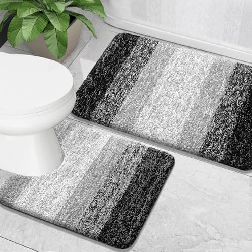 OLANLY Bathroom Rug Set 2 Piece, Soft Absorbent Microfiber Bath Mats and U-Shaped Contour Toilet Rug, Non-Slip, Machine Wash Dry, Plush Shaggy Bath Mats for Bathroom (24"x16"+24"x20", Black) - Image 1