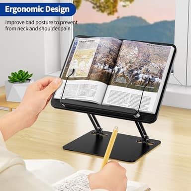 BESIGN BS01 Book Stand for Reading, Adjustable Book Holder, Ergonomic Laptop Stand with Elastic Page Clips for Music Scores, Recipe, Tablet, Laptop (Black) - Image 2