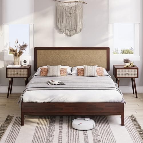 Bme Nipe Queen 14 Inch Bohemian Bed Frame with Adjustable Woven Headboard - Rustic & Vintage Unique Style with Acacia Wood - No Box Spring Needed - Easy Assembly - Walnut - Image 1