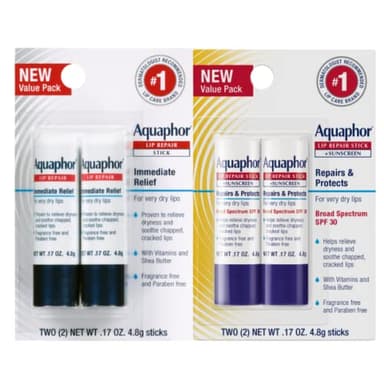 Aquaphor Lip Balm Set with Jojoba Oil and Shea Butter, Lip Repair Stick (2 x 0.17 Oz) + Repair Stick with Sunscreen SPF 30 (2 x 0.17 Oz), Fragrance Free, Paraben Free, Immediately Relieves Dryness - Image 1