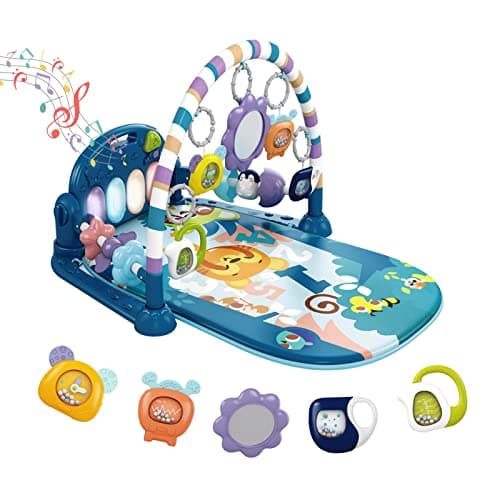 dearlomum Baby Play Mat Gym, Funny Play Piano Tummy Time Activity Mat with 5 Infant Sensory Toys, Music and Lights, Boy & Girl Gifts for Newborns 0 to 3 6 9 12 Months (Blue) - Image 1