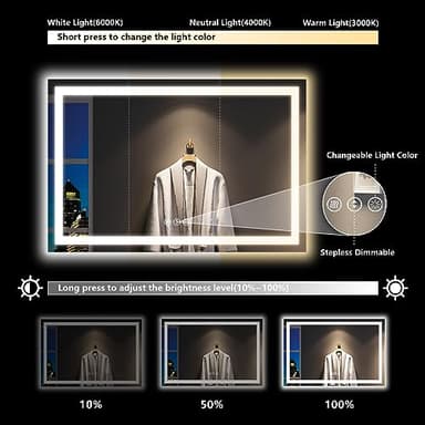 YEELAIT 60x40 Inch LED Bathroom Mirror with Lights Front and Backlit Lighted Vanity Mirror for Bathroom Wall with 3 Colors Dimmable Anti-Fog Memory Shatter-Proof IP54 Waterproof Horizontal/Vertical - Image 4