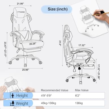 GTRACING Gaming Chair, Computer Chair with Mesh Back, Ergonomic Game Chair with Footrest, Reclining Game Chair with Adjustable Headrest and Lumbar Support for Gaming and Office (White) - Image 2
