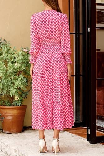 PRETTYGARDEN Women's Floral Maxi Dress 2025 Fall Long Sleeve V Neck Casual A Line Long Flowy Boho Party Dresses (Plaid Pink,Small) - Image 2