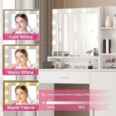 Palimder Vanity Desk with Mirror and Light, Large Drawer and Three Level Storage Dresser, 3 Lighting Modes Adjustable Brightness, Bedroom Dressing Table (White) - Image 3