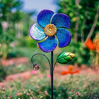 Viveta Wind Spinner with Metal Stake, 28.7 inches Outdoor Garden Pinwheels Spinners Blue Flower Shape Design for Yard Lawn Patio Decor - Image 7