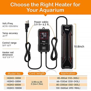 hygger Aquarium Heater 300W/500W/800W/1000W, Submersible Fish Tank Heater with Digital LED Controller and Intelligent Leaving Water Automatically Stop Heating System, for Freshwater and Saltwater - Image 5