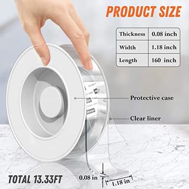 Extra Large Double Sided Tape Heavy Duty Removable 1.18 Inch x 160 Inch, Clear & Tough Nano Tape, Multipurpose Mounting Tape Picture Hanging Strips Adhesive for Poster Carpet - Image 2